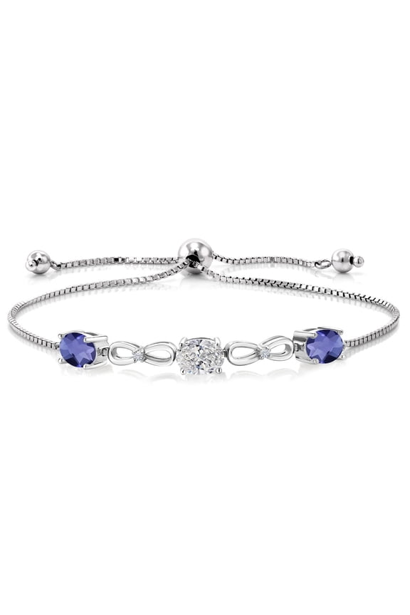 925 Sterling Silver Lab Grown Diamond and Blue Iolite Bracelet for Women | 2.30 Cttw | Gemstone April Birthstone | Oval 7X5MM | Fully Adjustable 9 inch