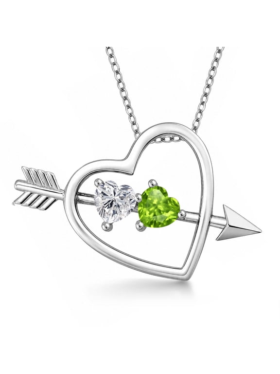 925 Sterling Silver Lab Grown Diamond and Green Peridot Pendant Necklace for Women | 0.94 Cttw | Gemstone April Birthstone | Heart Shape 5MM | With 18 inch Chain