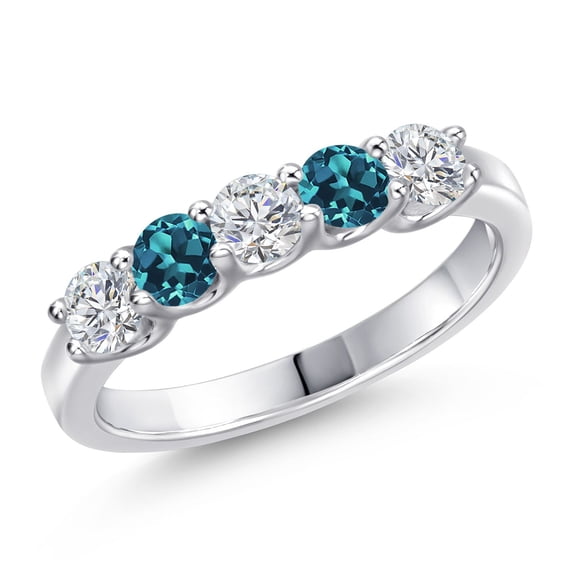 Gem Stone King 0.95 Cttw Lab Grown Diamond and London Blue Topaz 5-Stone Wedding-Bands Ring for Women | 925 Sterling Silver | Round 3.5MM | Wedding Engagement Anniversary Promise Ring | Size 5