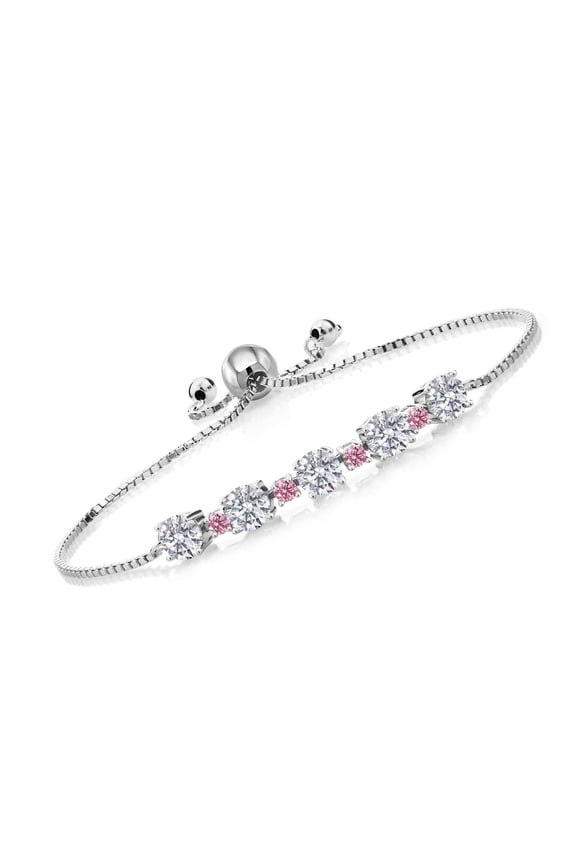2.74 Cttw White and Pink Lab Grown Diamond Bracelet for Women | 925 Sterling Silver | Round 5MM and 2.5MM | Adjustable Bolo Bracelet for Women | Easy-On Easy-Off
