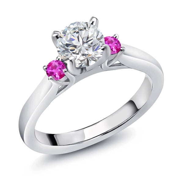 Gem Stone King 925 Sterling Silver Lab Grown Diamond and Pink Sapphire Engagement Ring for Women | 0.84 Cttw | Round 6MM | Gemstone April Birthstone | Size 6