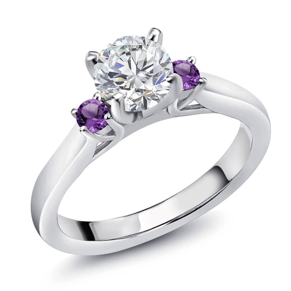 Gem Stone King 925 Sterling Silver Lab Grown Diamond and Purple Amethyst Engagement Ring for Women | 0.86 Cttw | Round 6MM | Gemstone April Birthstone | Size 9