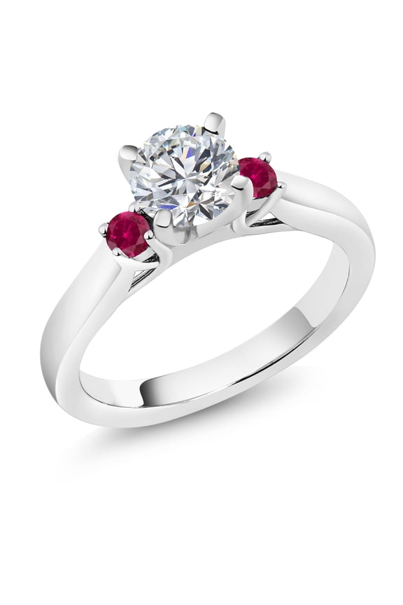 925 Sterling Silver Lab Grown Diamond and Red Created Ruby Engagement Ring for Women | 0.86 Cttw | Round 6MM | Gemstone April Birthstone | Size 5