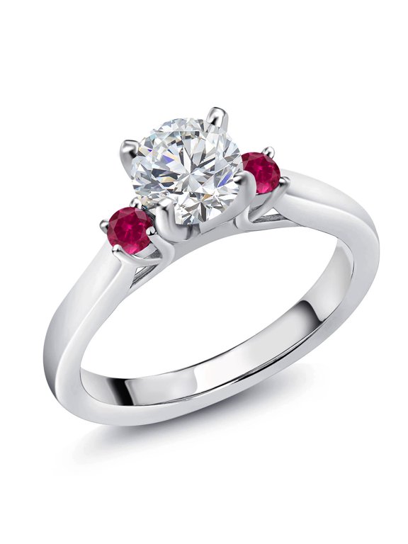 925 Sterling Silver Lab Grown Diamond and Red Created Ruby Engagement Ring for Women | 0.86 Cttw | Round 6MM | Gemstone April Birthstone | Size 7