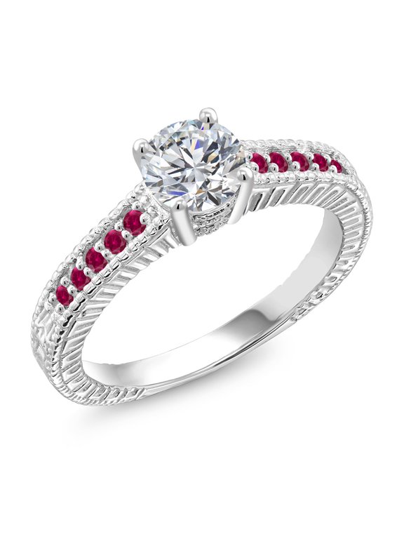 925 Sterling Silver Lab Grown Diamond and Red Created Ruby Engagement Ring for Women | 0.89 Cttw | Round 6MM | Gemstone April Birthstone | Size 5