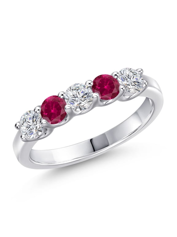 925 Sterling Silver Lab Grown Diamond and Red Created Ruby Wedding-Bands Ring for Women | 1.01 Cttw | Round 3.5MM | Gemstone April Birthstone | Size 6