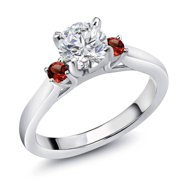 Gem Stone King 925 Sterling Silver Lab Grown Diamond and Red Garnet Engagement Ring for Women | 0.88 Cttw | Round 6MM | Gemstone April Birthstone | Size 7