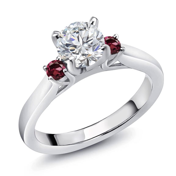 Gem Stone King 925 Sterling Silver Lab Grown Diamond and Red Rhodolite Garnet Engagement Ring for Women | 0.92 Cttw | Round 6MM | Gemstone April Birthstone | Size 7