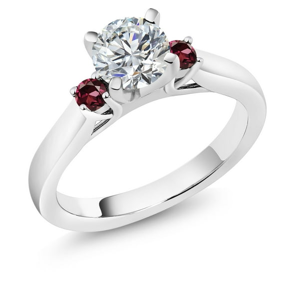 Gem Stone King 925 Sterling Silver Lab Grown Diamond and Red Rhodolite Garnet Engagement Ring for Women | 0.92 Cttw | Round 6MM | Gemstone April Birthstone | Size 9