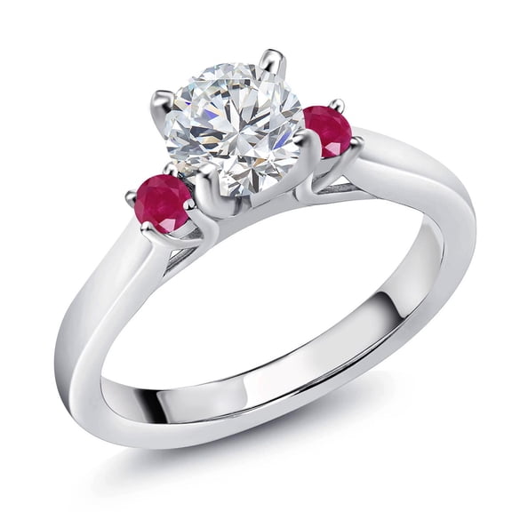 Gem Stone King 925 Sterling Silver Lab Grown Diamond and Red Ruby Engagement Ring for Women | 0.86 Cttw | Round 6MM | Gemstone April Birthstone | Size 9