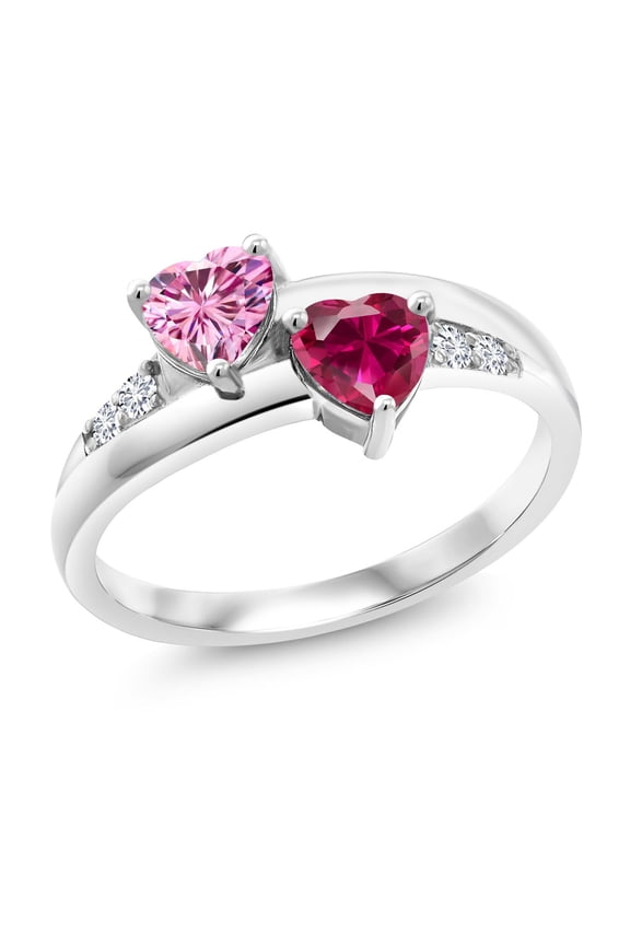 925 Sterling Silver Lab Grown Diamond Ring Heart Shape Pink Moissanite and Created Ruby (1.18 Cttw, Size 5)