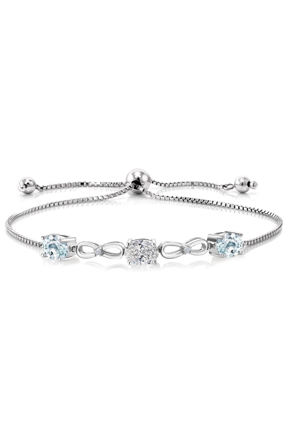 925 Sterling Silver Lab Grown Diamond and Sky Blue Aquamarine Bracelet for Women | 2.50 Cttw | Gemstone April Birthstone | Oval 7X5MM | Fully Adjustable 9 inch