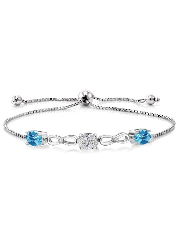 925 Sterling Silver Lab Grown Diamond and Swiss Blue Topaz Bracelet for Women | 3.00 Cttw | Gemstone April Birthstone | Oval 7X5MM | Fully Adjustable 9 inch