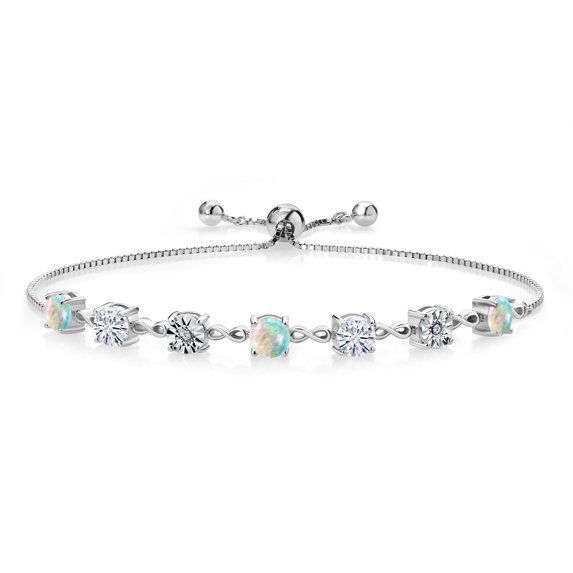 Gem Stone King 925 Sterling Silver Lab Grown Diamond Tennis Bracelet for Women Cabochon Simulated Opal Moissanite (2.51 Cttw, Fully Adjustable up to 9 inch)