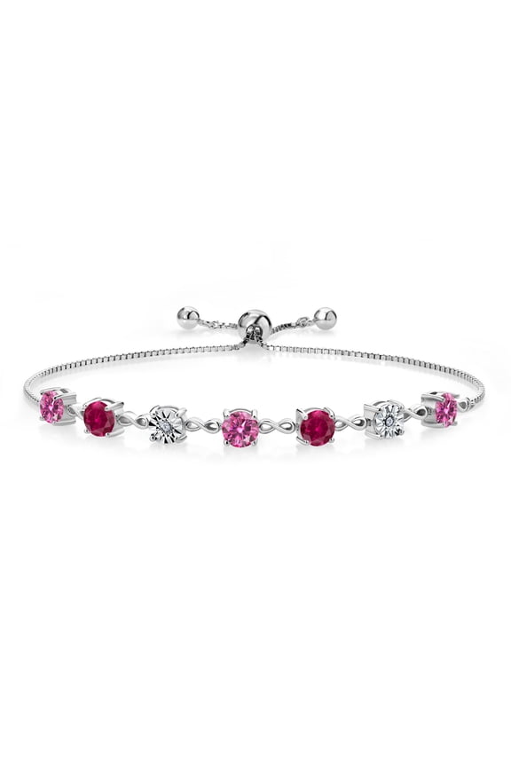 925 Sterling Silver Lab Grown Diamond Tennis Bracelet for Women Pink Moissanite Created Ruby (3.51 Cttw, Fully Adjustable up to 9 inch)