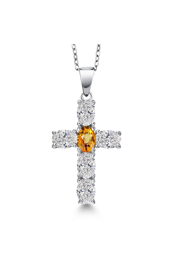 925 Sterling Silver Lab Grown Diamond and Yellow Sapphire Cross Pendant Necklace for Women | 2.62 Cttw | Gemstone April Birthstone | Oval 6X4MM | With 18 inch Chain