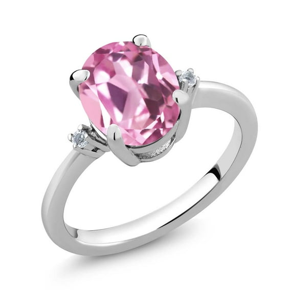 Gem Stone King 925 Sterling Silver Light Pink Created Sapphire and White Diamond Ring for Women (2.93 Cttw, Oval 10X8MM, Available in Size 5, 6, 7, 8, 9)