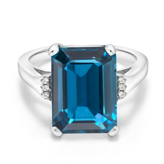 Gem Stone King 9.57 Cttw London Blue Topaz Engagement Ring for Women | 925 Sterling Silver| Emerald Cut 14X10MM | Gemstone November Birthstone | Size 7