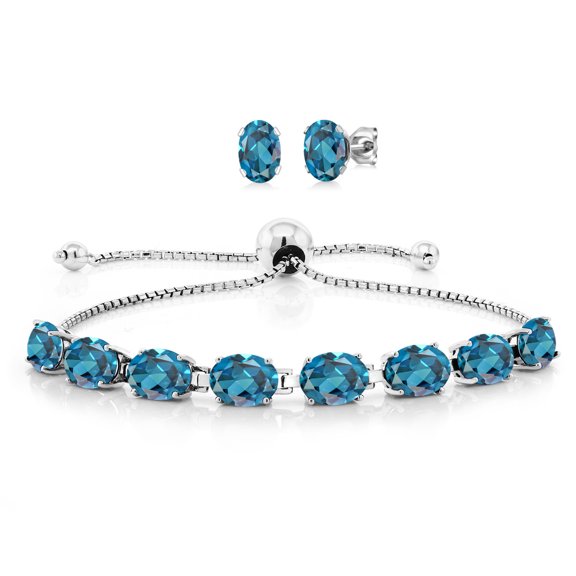 Gem Stone King 925 Sterling Silver London Blue Topaz Bracelet and Earrings Jewelry Set for Women (10.00 Cttw, Gemstone November Birthstone, Oval 7X5MM, Fully Adjustable up to 9 inch)