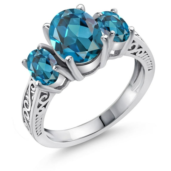 Gem Stone King 925 Sterling Silver London Blue Topaz Engagement 3 Stone Oval Ring for Women (2.80 Cttw, Gemstone Birthstone, Available in Size 5, 6, 7, 8, 9)