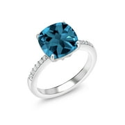 Gem Stone King 925 Sterling Silver London Blue Topaz Engagement Ring For Women (4.47 Cttw, Cushion Cut 10MM, Gemstone Birthstone, Available in Size 5, 6, 7, 8, 9)