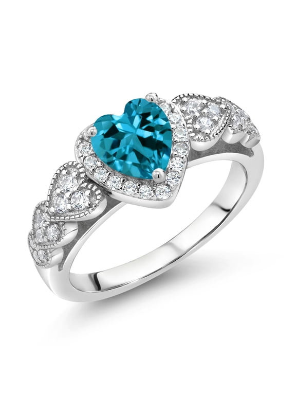 925 Sterling Silver London Blue Topaz Engagement Ring for Women (1.38 Cttw, Heart Shape 6MM, Gemstone Birthstone, Available in Size 5, 6, 7, 8, 9)
