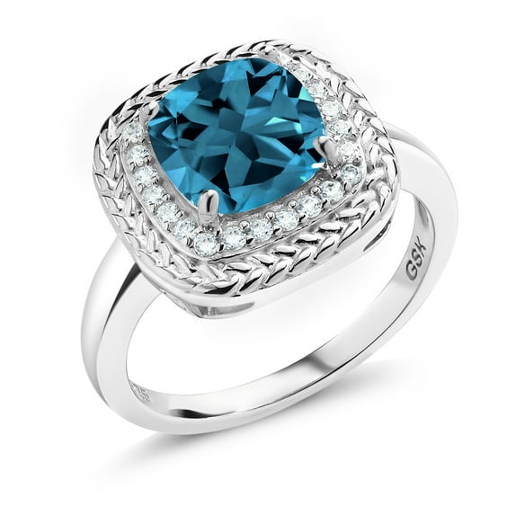 Gem Stone King 925 Sterling Silver London Blue Topaz Engagement Ring for Women (2.80 Cttw, Cushion Cut 8MM, Gemstone Birthstone Available in Size 5,6,7,8,9)