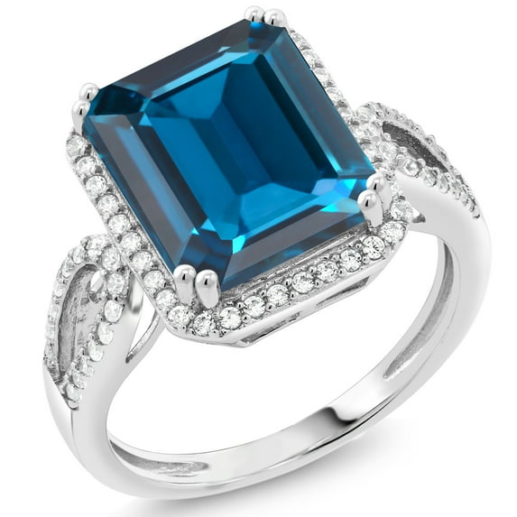 Gem Stone King 925 Sterling Silver London Blue Topaz Engagement Ring for Women | 7.50 Cttw | Emerald Cut 12X10MM | Gemstone November Birthstone | Size 9