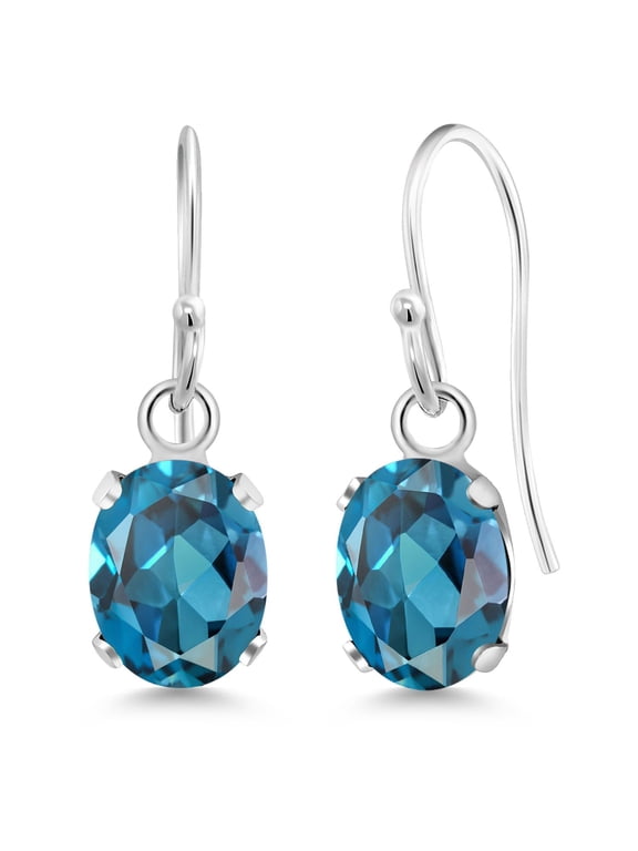 925 Sterling Silver London Blue Topaz French Wire Dangle Hook Earrings for Women (1.80 Cttw, Gemstone November Birthstone, Oval 7X5MM)