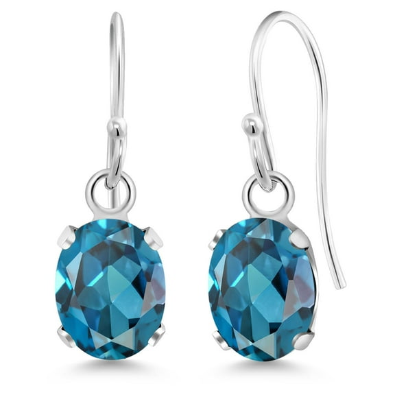 Gem Stone King 925 Sterling Silver London Blue Topaz French Wire Dangle Hook Earrings for Women (1.80 Cttw, Gemstone November Birthstone, Oval 7X5MM)