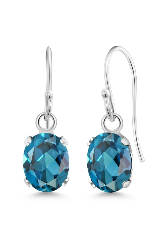 925 Sterling Silver London Blue Topaz French Wire Dangle Hook Earrings for Women (1.80 Cttw, Gemstone November Birthstone, Oval 7X5MM)
