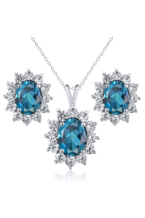 925 Sterling Silver London Blue Topaz Pendant and Earrings Jewelry Set for Women (3.70 Cttw, Gemstone November Birthstone, Oval 8X6MM and 7X5MM, with 18 inch Silver Chain)