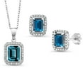 thumbnail image 1 of Gem Stone King 925 Sterling Silver London Blue Topaz Pendant & Earrings Jewelry Set for Women | 7.44 Cttw | Emerald Cut 9X7MM and 8X6MM | Gemstone Birthstone | 18 inch Chain, 1 of 4