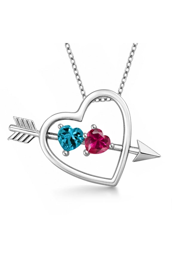 925 Sterling Silver London Blue Topaz and Red Created Ruby Heart and Arrow Pendant Necklace for Women (1.15 Cttw with 18 inch Silver Chain)