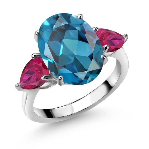 Gem Stone King 925 Sterling Silver London Blue Topaz and Red Created Ruby Ring for Women (8.50 Cttw, 14X10MM Oval and 7X5MM Pear Shape, Gemstone November Birthstone, Size 5)