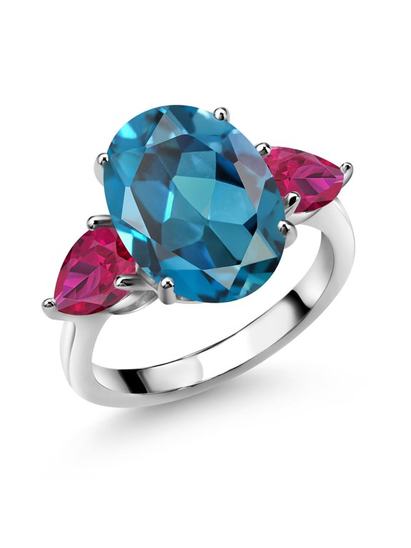 925 Sterling Silver London Blue Topaz and Red Created Ruby Ring for Women (8.50 Cttw, 14X10MM Oval and 7X5MM Pear Shape, Gemstone November Birthstone, Size 7)