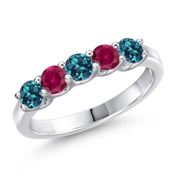 Gem Stone King 925 Sterling Silver London Blue Topaz and Red Created Ruby Wedding-Bands Ring for Women | 1.16 Cttw | Round 3.5MM | Gemstone November Birthstone | Size 8