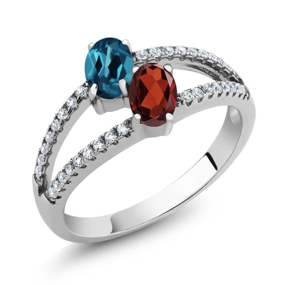 Gem Stone King 925 Sterling Silver London Blue Topaz and Red Garnet 2-Stone Ring for Women (1.41 Cttw, Gemstone Birthstone, Size 7)