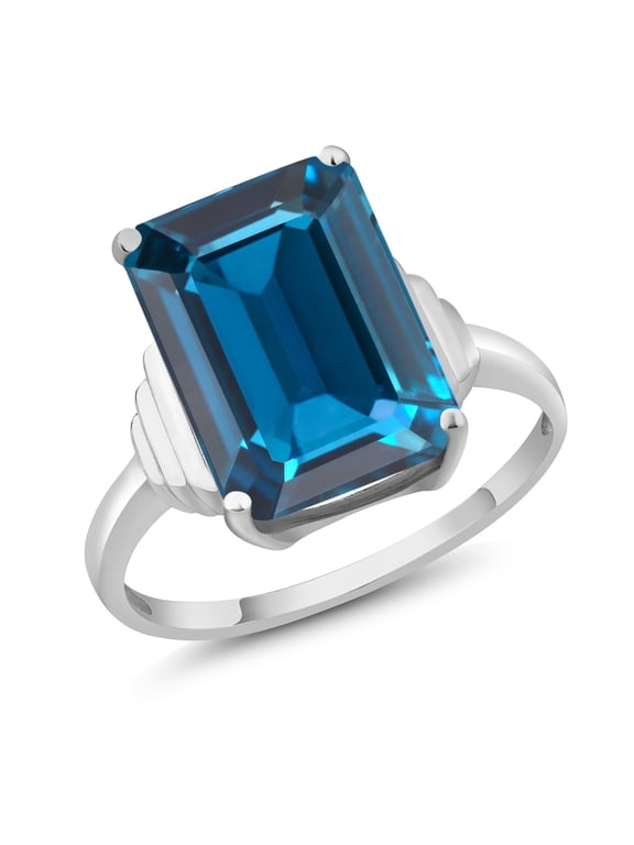 925 Sterling Silver London Blue Topaz Ring for Women (9.50 Cttw, Emerald Cut 14X10MM, Gemstone November Birthstone, Available in Size 5, 6, 7, 8, 9)