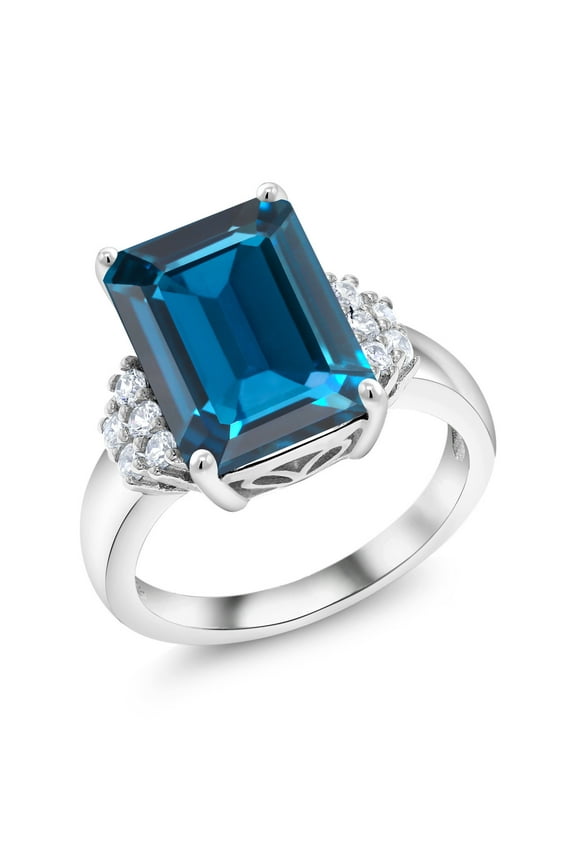 925 Sterling Silver London Blue Topaz Ring for Women (9.80 Cttw, Gemstone November Birthstone, Emerald Cut 14X10MM, Available in Size 5, 6, 7, 8, 9)