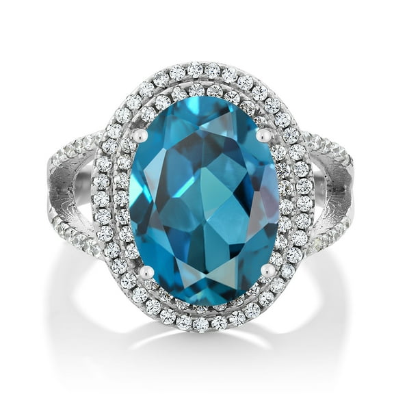 Gem Stone King 925 Sterling Silver London Blue Topaz Ring for Women (7.94 Cttw, Oval 14X10MM, Gemstone Birthstone, Available in Size 5, 6, 7, 8, 9)
