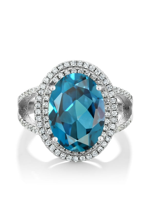 925 Sterling Silver London Blue Topaz Ring for Women (7.94 Cttw, Oval 14X10MM, Gemstone Birthstone, Available in Size 5, 6, 7, 8, 9)
