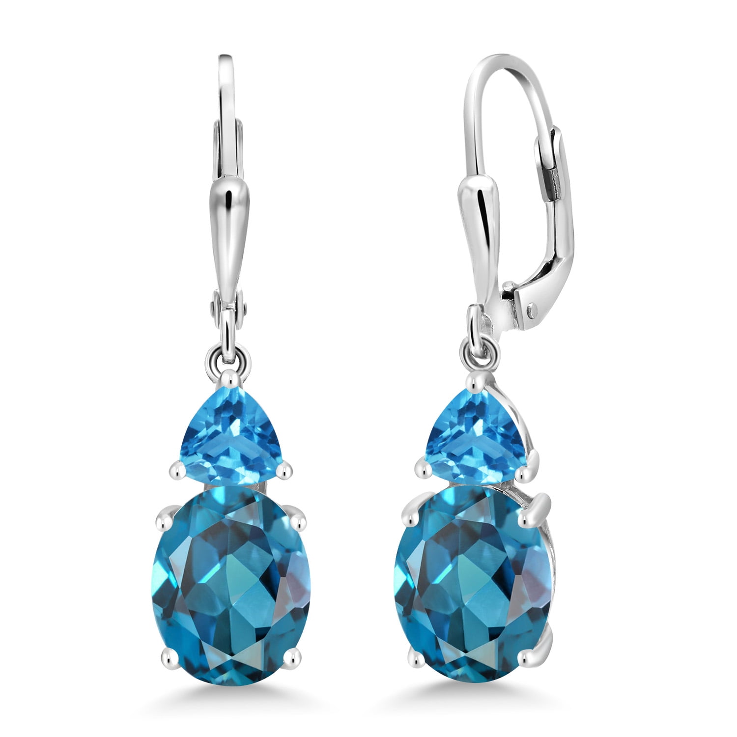 Gem Stone King 925 Sterling Silver London Blue Topaz and Swiss Blue Topaz Dangle Earrings for Women (7.16 Cttw, Gemstone November Birthstone, Oval 10X8MM, Trillion 5MM)