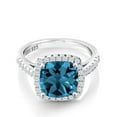 thumbnail image 1 of Gem Stone King 3.30 Cttw London Blue Topaz and White Created Sapphire Engagement Ring for Women | 925 Sterling Silver | 8MM Cushion Cut | Gemstone Birthstone | Available in Size 5, 6, 7, 8, 9, 1 of 6