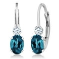 thumbnail image 1 of Gem Stone King 925 Sterling Silver London Blue Topaz and White Created Sapphire Leverback Earrings for Women (1.18 Cttw, Gemstone November Birthstone, Oval 6X4MM, Round 2MM, 3/4 inch), 1 of 6