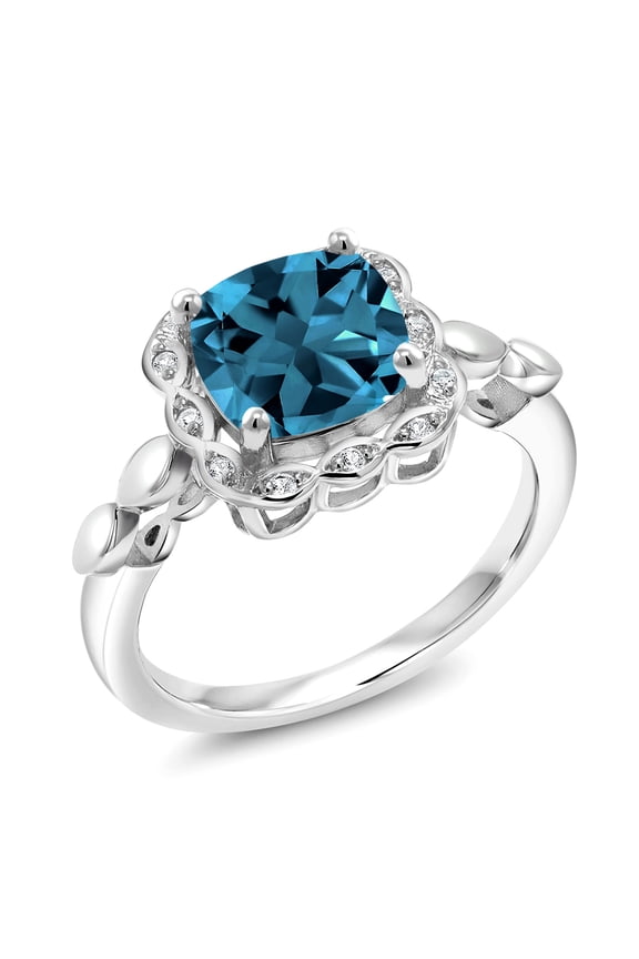 925 Sterling Silver London Blue Topaz and White Created Sapphire Engagement Ring for Women | 2.84 Cttw | Cushion 8MM | Gemstone November Birthstone | Size 7
