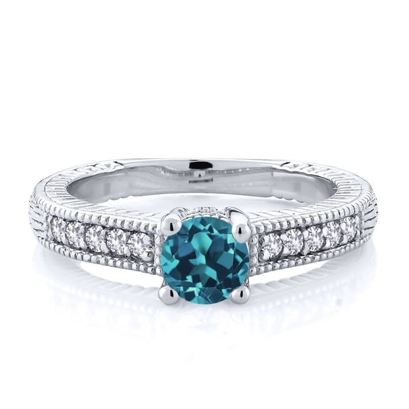Gem Stone King 925 Sterling Silver London Blue Topaz and White Created Sapphire Women's Solitaire Ring with Accent Stones (0.85 Cttw, Round Shape 5MM, Size 7)