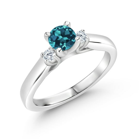 Gem Stone King 925 Sterling Silver London Blue Topaz and White Lab Grown Diamond 3-Stone Engagement Ring for Women (0.83 Cttw, Gemstone November Birthstone, Size 6)