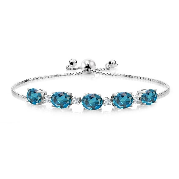 Gem Stone King 925 Sterling Silver London Blue Topaz and White Lab Grown Diamond Tennis Bracelet for Women (7.76 Cttw, Oval 8X6MM, Gemstone Birthstone, Fully Adjustable up to 9 inch)