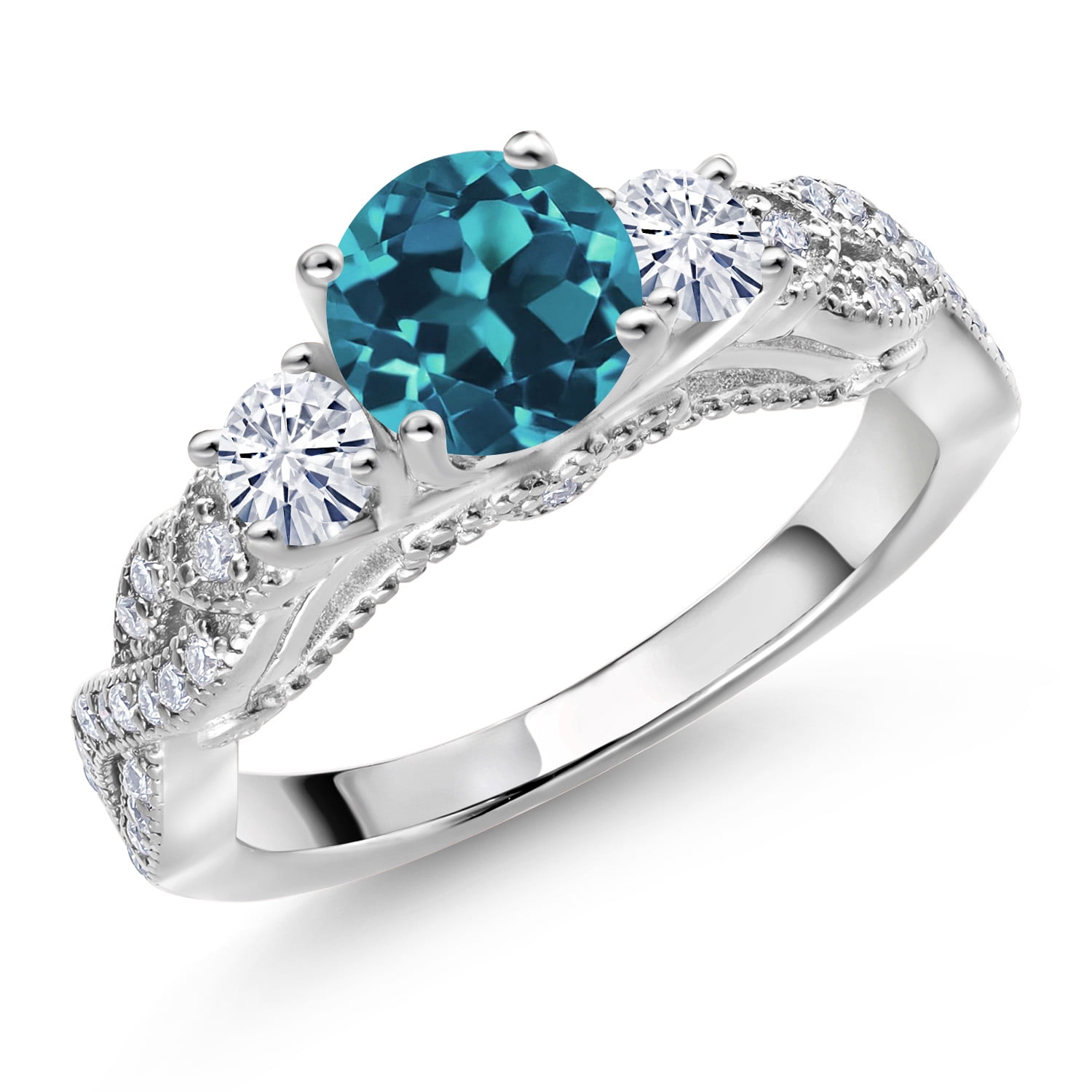 Gem Stone King 925 Sterling Silver London Blue Topaz and White Moissanite Engagement Ring for Women | 1.57 Cttw | Gemstone Birthstone | Round 6MM and 3MM (Size 8)